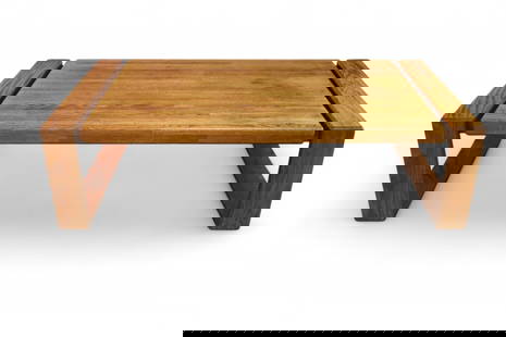 LOU HODGES OAK COFFEE TABLE: MID CENTURY MODERN LOU HODGES COFFEE TABLE, 58" L x 32" W x 16" H. THIS ITEM EXCEEDS SIZE LIMITATIONS FOR IN HOUSE SHIPPING, MUST BE PICKED UP IN HOUSE OR SHIPPED VIA 3rd PARTY GROUND SHIPPER.