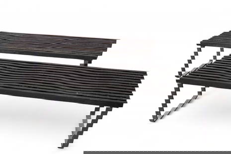 PAIR OF MID CENTURY MODERN STYLE BENCHES: MID CENTURY MODERN STYLE SLAT BENCHES IRON BASE. UNMARKED. 60" L x 20" D x 18" H. THIS ITEM EXCEEDS SIZE LIMITATIONS FOR IN HOUSE SHIPPING, MUST BE PICKED UP IN HOUSE OR SHIPPED VIA 3rd PARTY GROUND S
