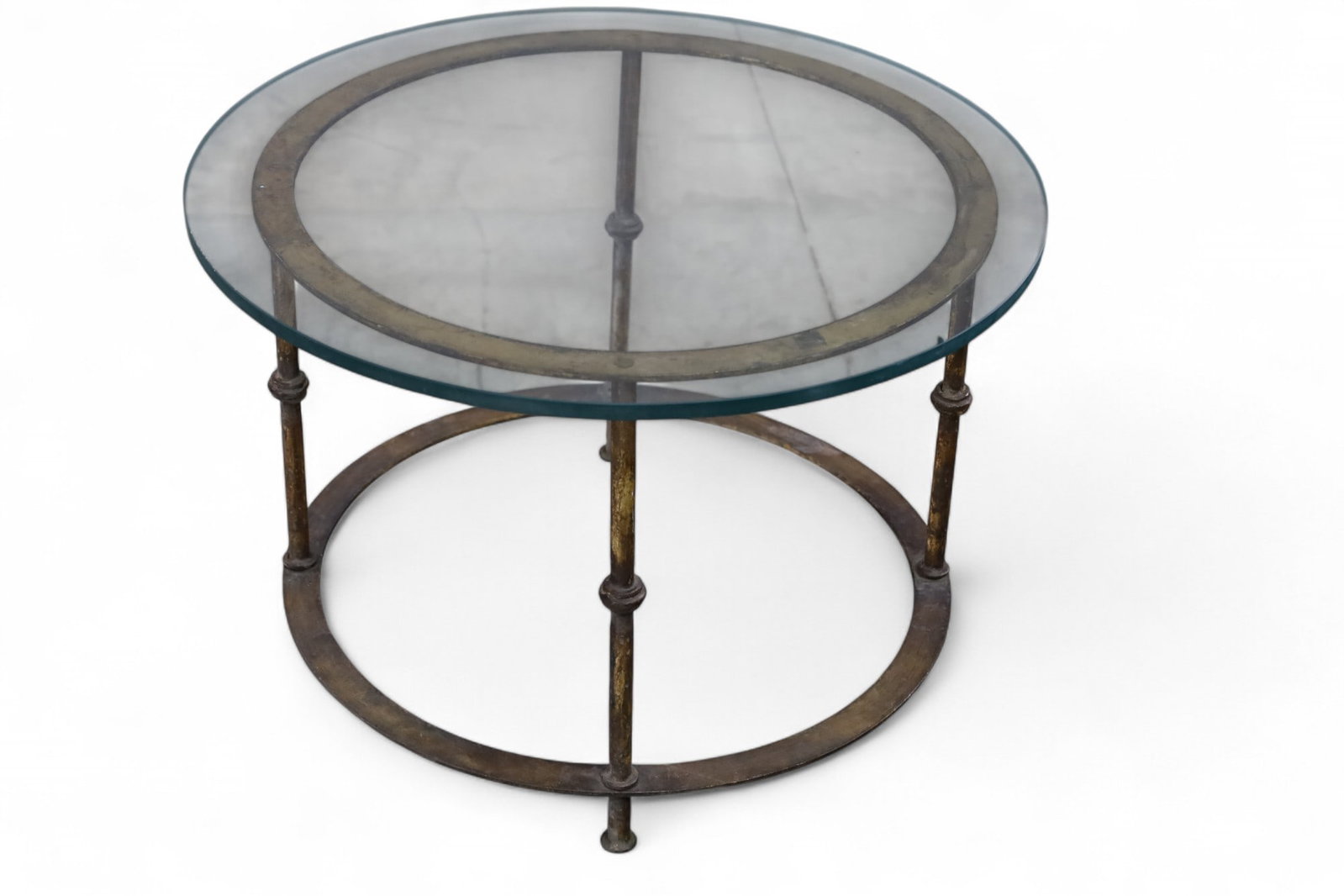 GLASS TOP SIDE TABLE: SMALL GLASS TOP SIDE TABLE, BRUSHED FINISH BASE. CRACK TO GLASS. 24" DIAM x 16" H. THIS ITEM EXCEEDS SIZE LIMITATIONS FOR IN HOUSE SHIPPING, MUST BE PICKED UP IN HOUSE OR SHIPPED VIA 3rd PARTY GROUND 