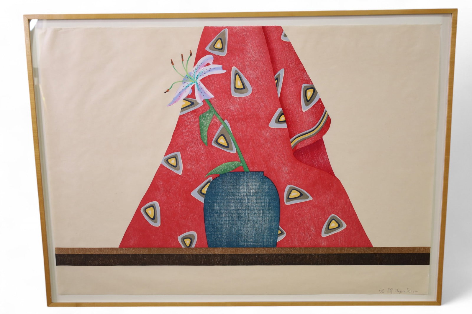 ED BAYNARD WOODCUT ON PAPER: SIGNED NUMBERED AND DATED. TITLED PRINT SCARF. 48/70. SMALL WRINKLE IN PAPER. 44" x 33" IN FRAME THIS ITEM EXCEEDS SIZE LIMITATIONS FOR IN HOUSE SHIPPING, MUST BE PICKED UP IN HOUSE OR SHIPPED VIA 3rd