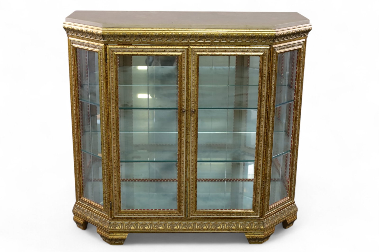 ITALIAN MARBLE TOP VITRINE: TWO DOOR, MIRRORED BACK ITALIAN MARBLE TOP VITRINE, 40" W x 17" D x 38" H. THIS ITEM EXCEEDS SIZE LIMITATIONS FOR IN HOUSE SHIPPING, MUST BE PICKED UP IN HOUSE OR SHIPPED VIA 3rd PARTY GROUND SHIPPER.