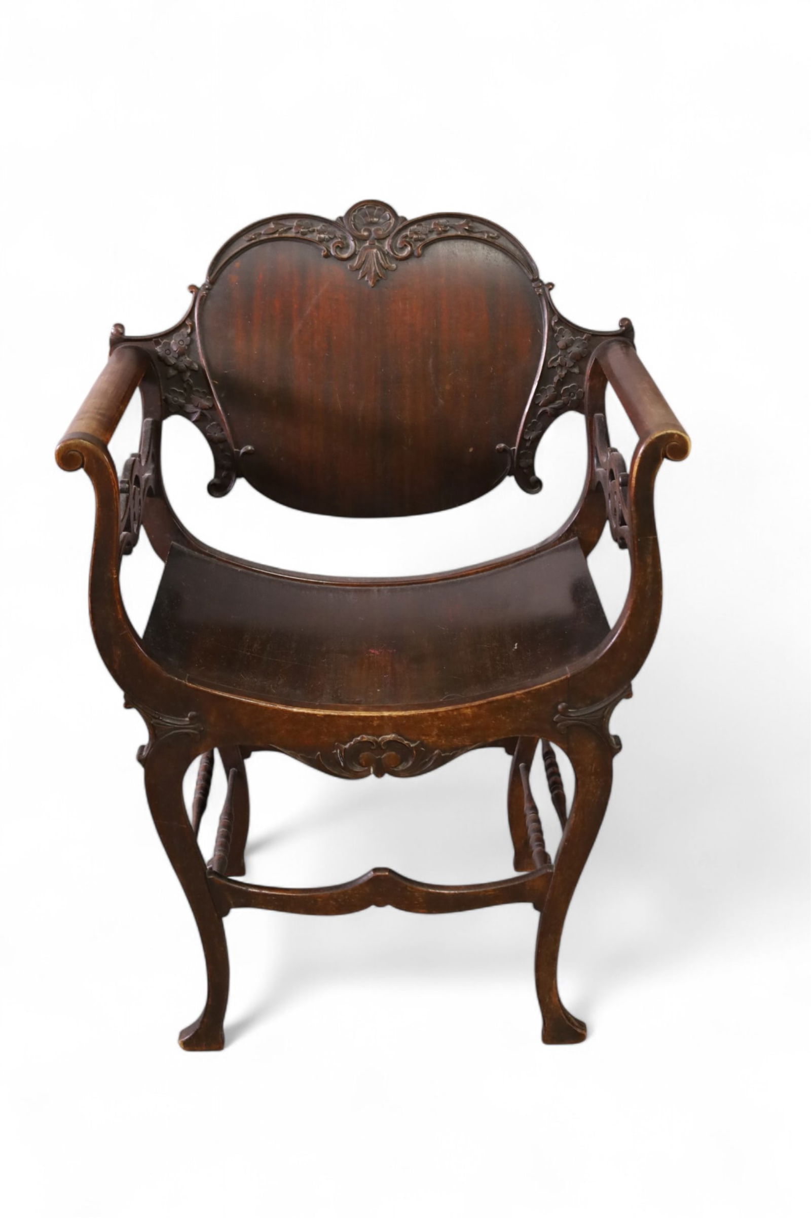 VICTORIAN PARLOR CHAIR: CARVED MAHOGANY VICTORIAN PARLOR CHAIR, WEAR TO FINISH. SCRATCHES. 25" W X 20" D x 34" H. THIS ITEM EXCEEDS SIZE LIMITATIONS FOR IN HOUSE SHIPPING, MUST BE PICKED UP IN HOUSE OR SHIPPED VIA 3rd PARTY