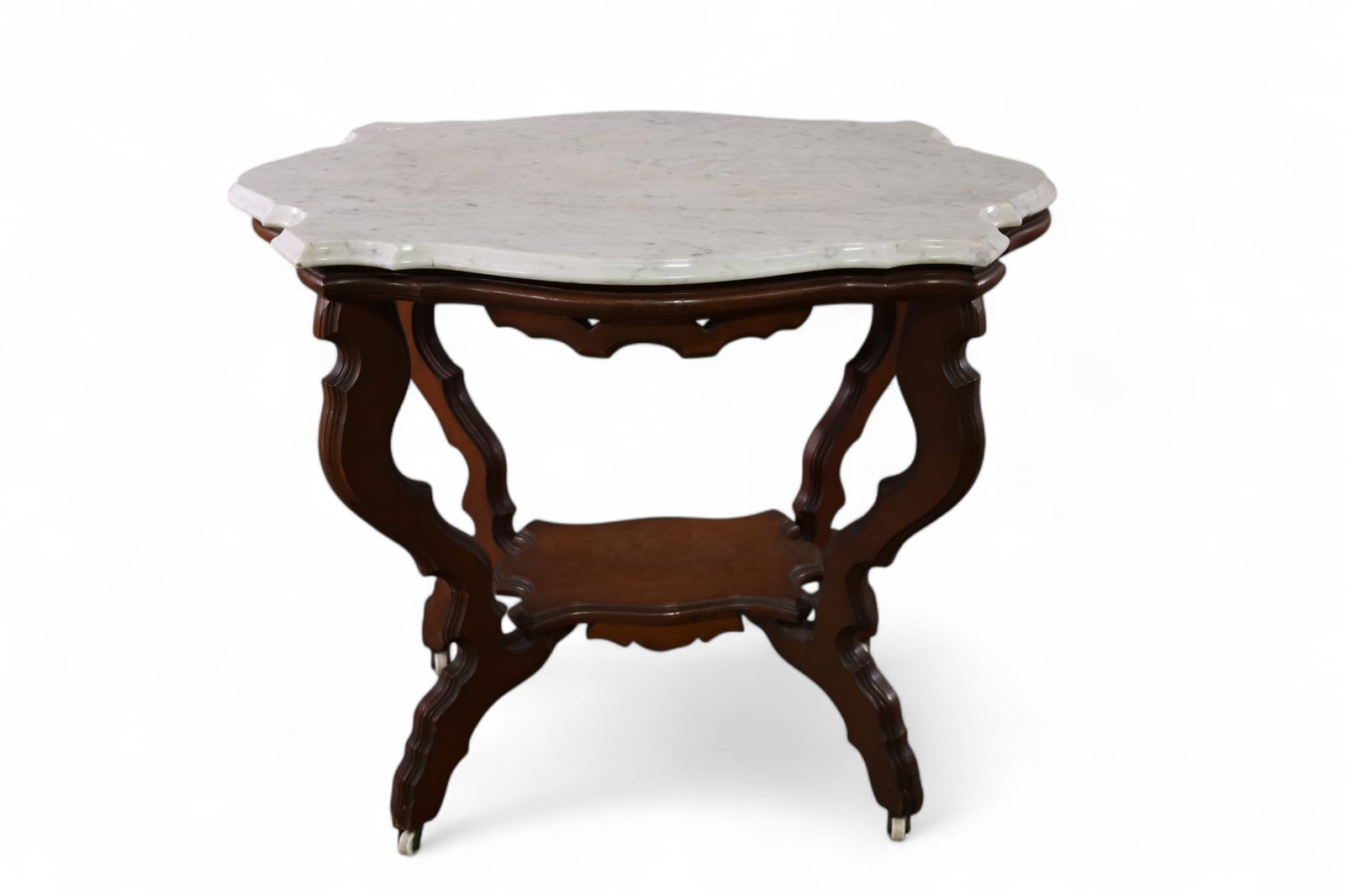 MARBLE TOP PARLOR TABLE: VICTORIAN PARLOR TABLE, WHITE MARBLE TOP. 36" L x 24" D x 30" H. THIS ITEM EXCEEDS SIZE LIMITATIONS FOR IN HOUSE SHIPPING, MUST BE PICKED UP IN HOUSE OR SHIPPED VIA 3rd PARTY GROUND SHIPPER.