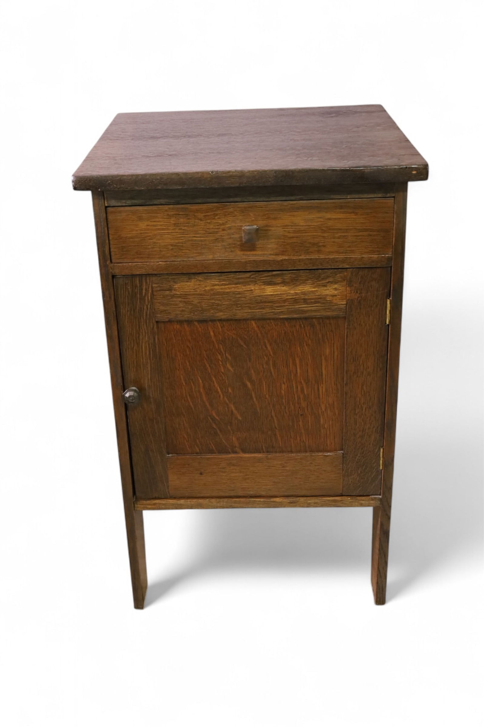 ARTS & CRAFTS PROHIBITION CABINET: MISSION OAK, ARTS & CRAFTS PROHIBITION CABINET, SINGLE DRAWER AND DOOR, SLIDE OUT TOP THAT REVELS BOTTLE HOLDER AND SECRET COMPARTMENT. MINOR WEAR TO FINISH. 19" W x 19" D x 30" H. THIS ITEM EXCEEDS S