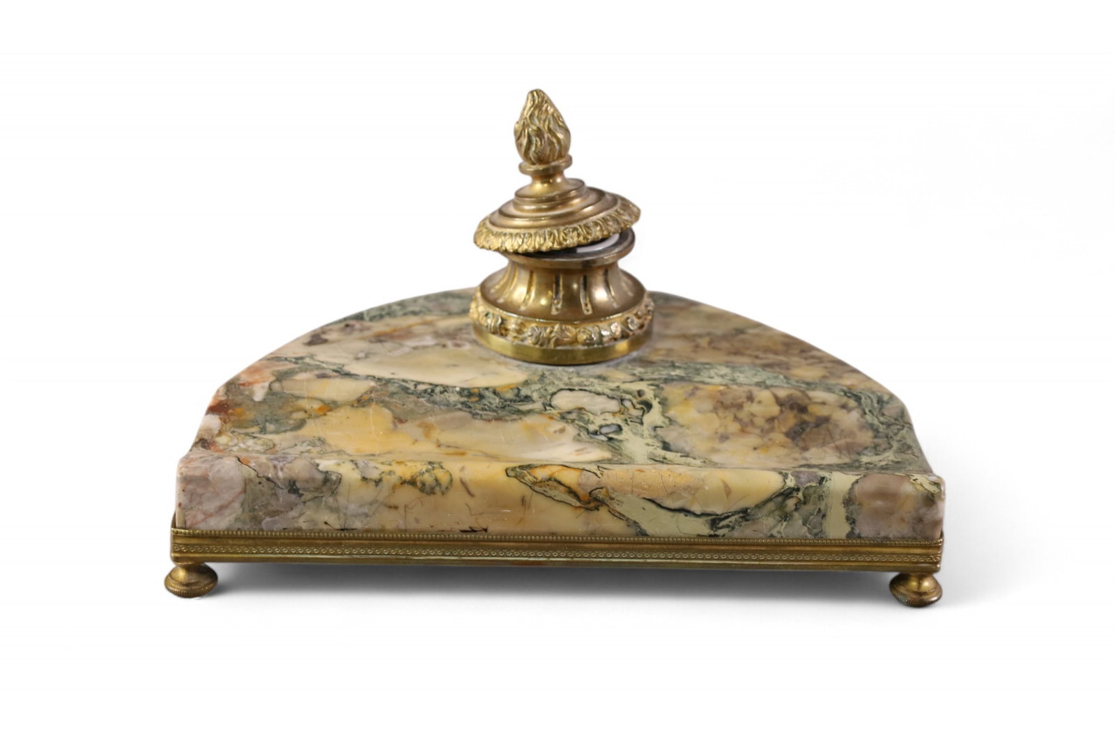 MARBLE INKWELL: SMALL MARBLE INKWELL, CHIP TO INSERT. 8" W.