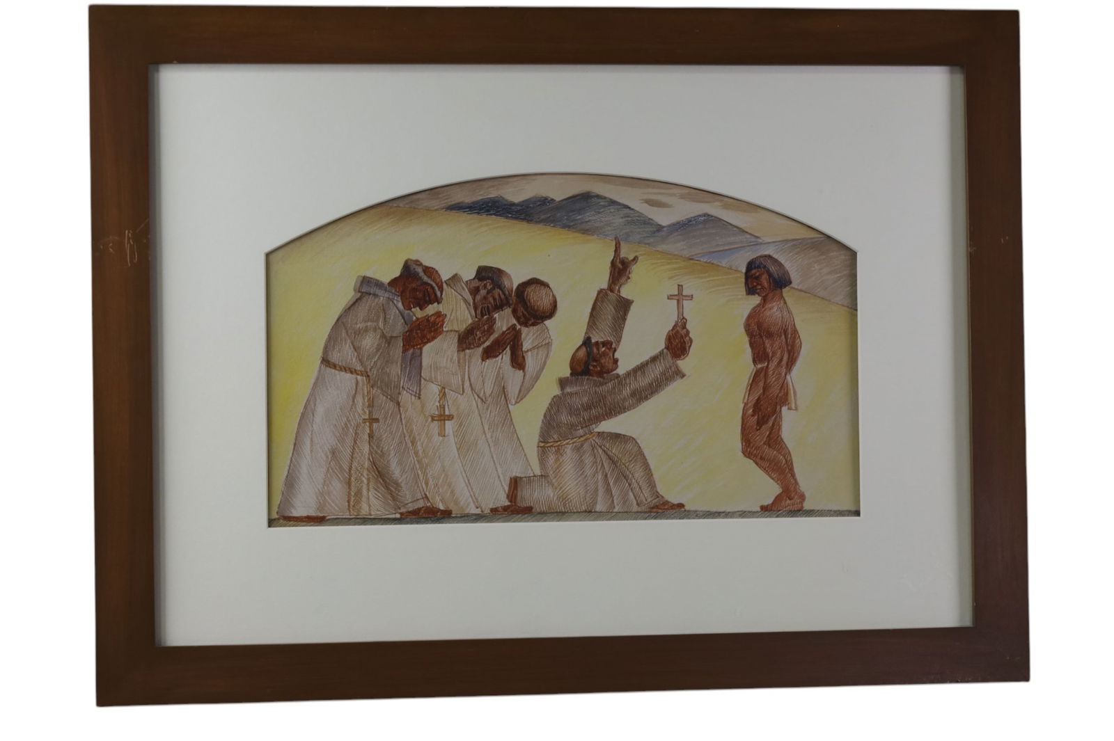 EMIL KOSA MURAL STUDY: PEN AND INK ON CARDBOARD, EMIL KOSA MURAL STUDY FOR LOS ANGELES POST OFFICE, CIR. 1940. 28" x 21" IN FRAME.