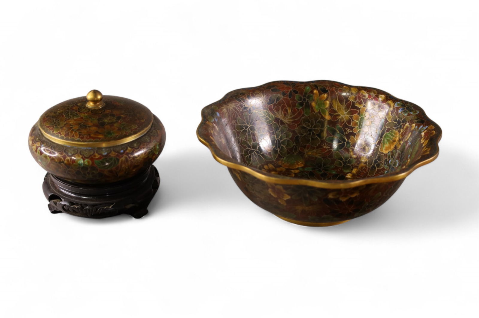 2 PIECES OF CLOISONNE: LIDDED BOWL ON STAND & LARGE BOWL. 5" - 9 W.