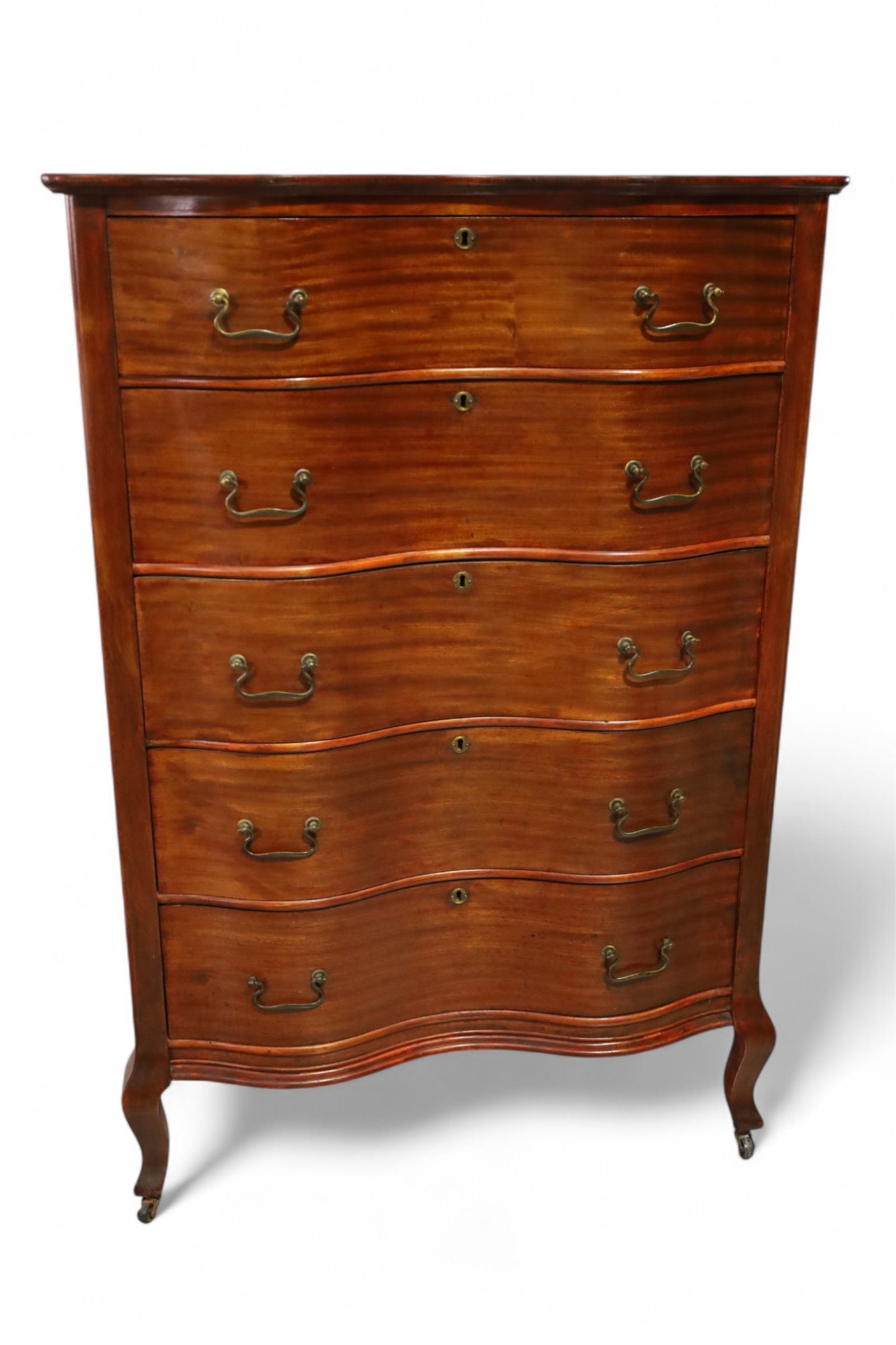 1900'S MAHOGANY HIGHBOY: MAHOGANY 5 DRAWER HIGHBOY, 33" W x 19" D x 49" H. THIS ITEM EXCEEDS SIZE LIMITATIONS FOR IN HOUSE SHIPPING, MUST BE PICKED UP IN HOUSE OR SHIPPED VIA 3rd PARTY GROUND SHIPPER.