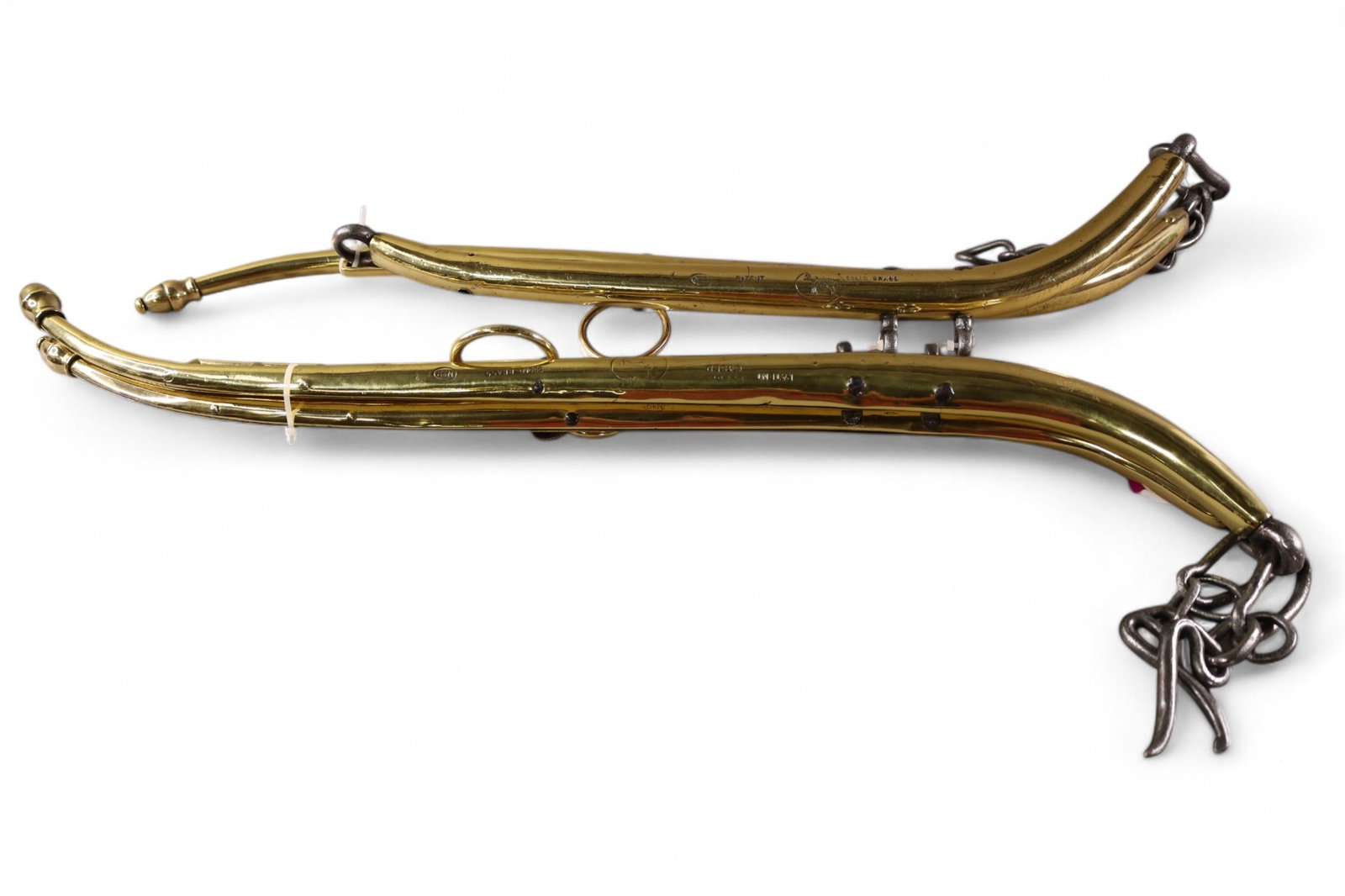2 PAIR OF BRASS HORSE HANES: 2 PAIR OF POLISHED BRASS HORSE HANES, MARKED DOUBLE CASED No 2. 30" L.