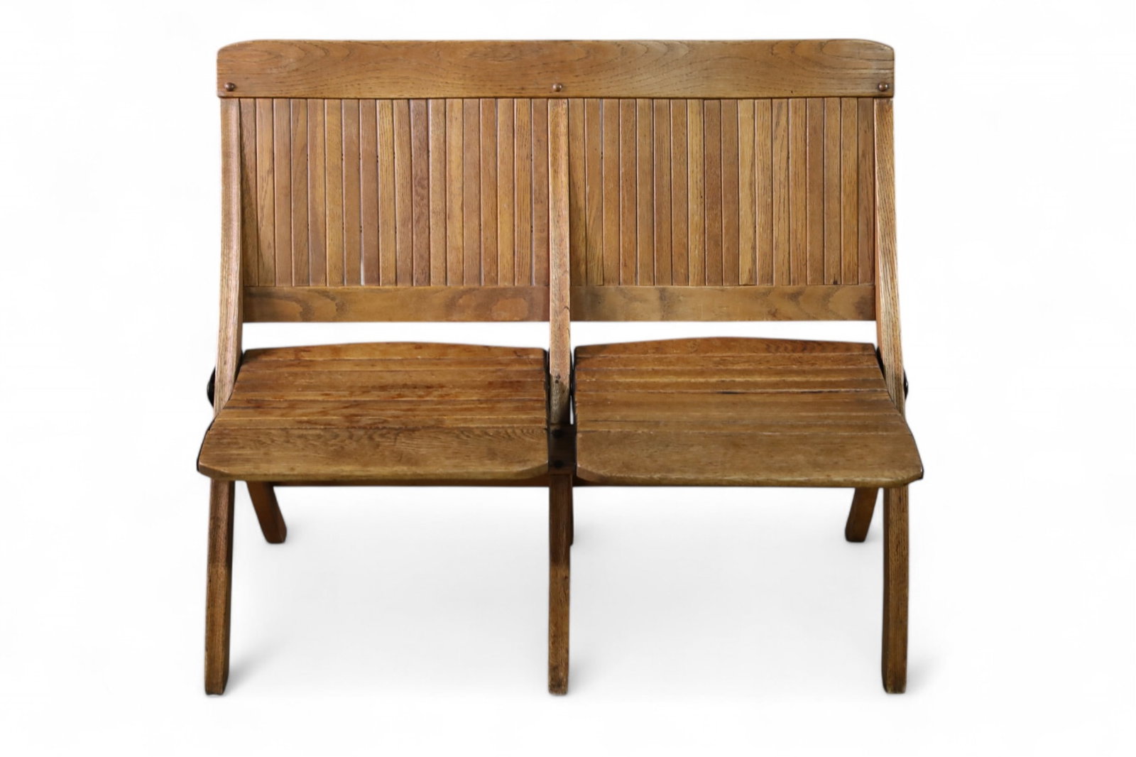 THEATER SEATS: PAIR OF OAK FOLDING THEATER SEATS. SLAT SEAT AND BACK. 37" W x 22" D x 31" H. THIS ITEM EXCEEDS SIZE LIMITATIONS FOR IN HOUSE SHIPPING, MUST BE PICKED UP IN HOUSE OR SHIPPED VIA 3rd PARTY GROUND SHIPP