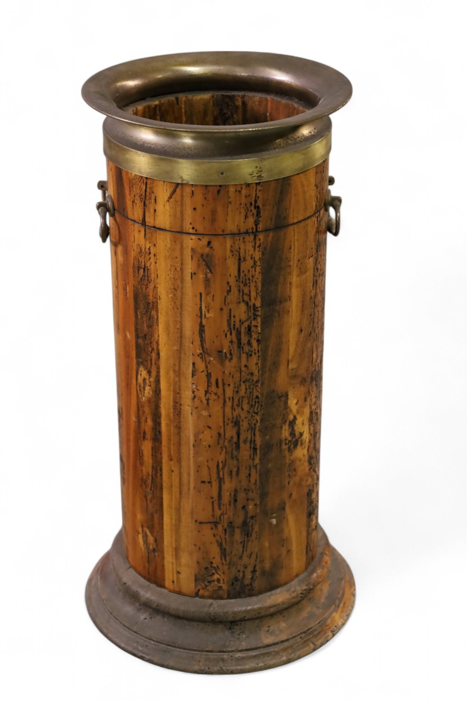 UMBRELLA STAND: BRASS AND WOOD UMBRELLA STAND. 10" DIAM x 24" H. THIS ITEM EXCEEDS SIZE LIMITATIONS FOR IN HOUSE SHIPPING, MUST BE PICKED UP IN HOUSE OR SHIPPED VIA 3rd PARTY GROUND SHIPPER.