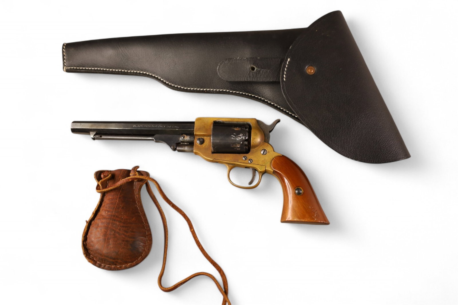 BLACK POWDER PISTOL: IN HOLSTER, ITALIAN BLACK POWDER PISTOL , MARKED F. LIPIETTA. 36 CAL.