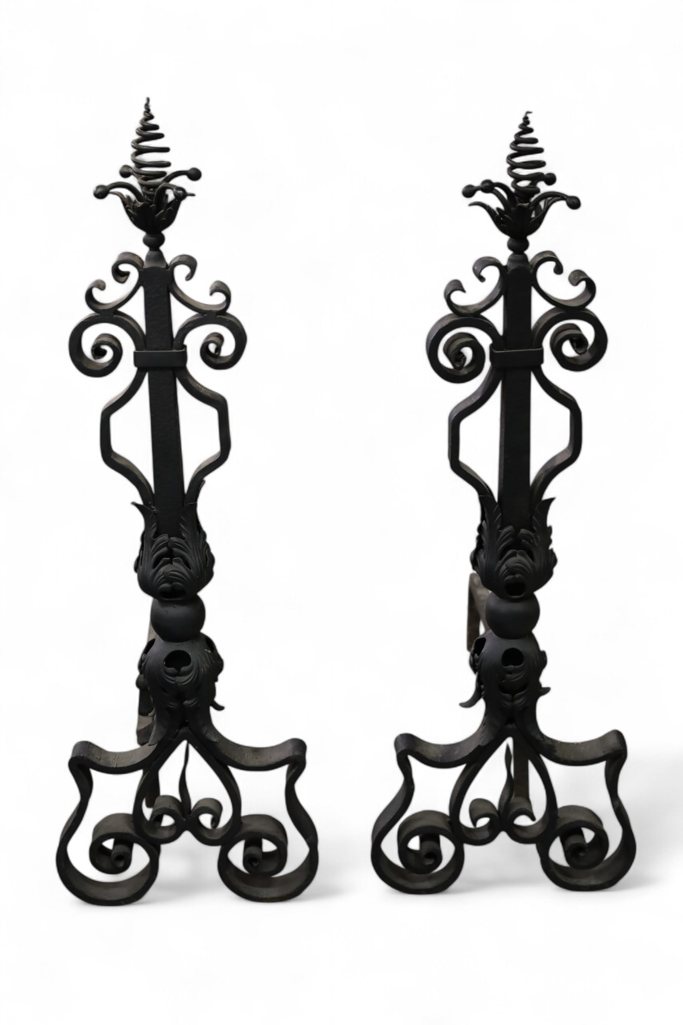 PAIR OF ANDIRONS: PAIR OF HEAVY SPANISH STYLE IRON ANDIRONS, 34" H.