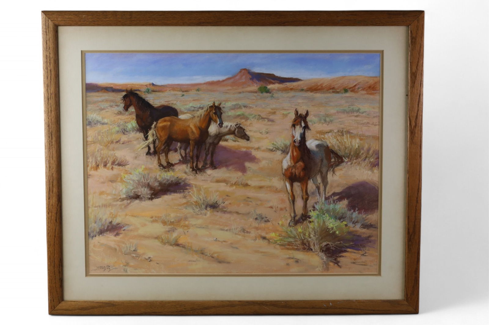 BONITA BUDYSZ PASTEL PAINTING: PASTEL ON PAPER, FRAMED UNDER GLASS, TITLED WILD HORSES. 32 1/2" x 26 1/2"