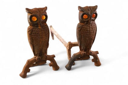PAIR OF CAST IRON OWL ANDIRONS