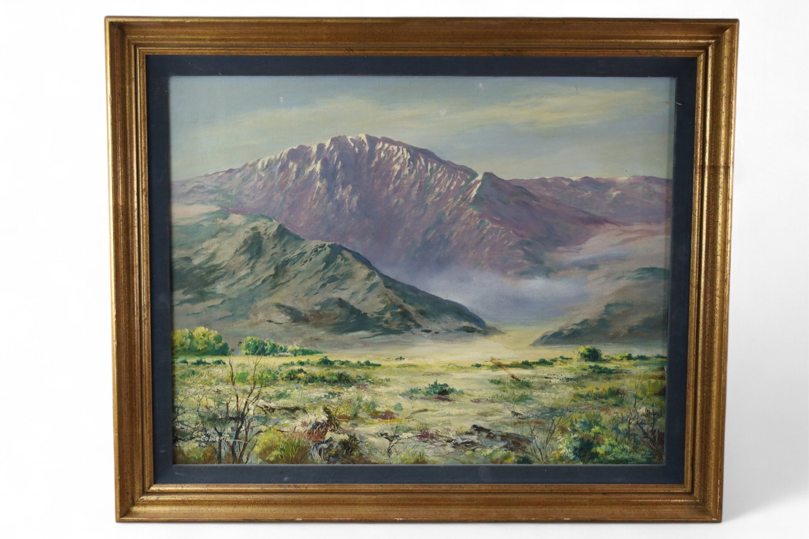 GEORGE W. COBLENTZ OIL PAINTING: OIL ON CANVAS, SIGNED LOWER LEFT, HOLES TO CENTER OF CANVAS, MOUNTAIN LANDSCAPE PAINTING. 33 1/2" x 27 1/2" IN FRAME.