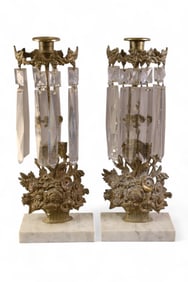 PAIR OF CAST METAL & CRYSTAL PRISM CANDLE HOLDERS