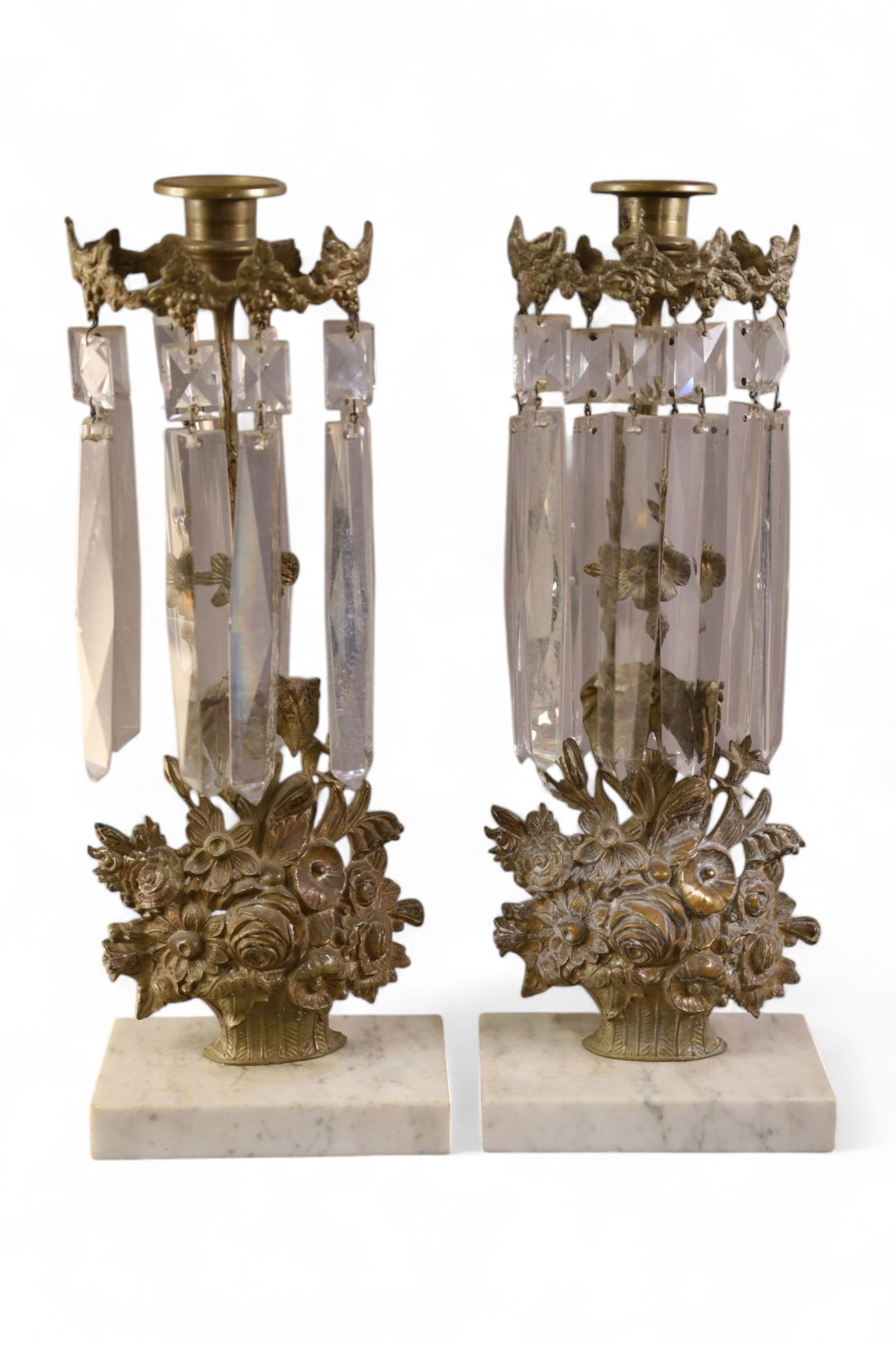 PAIR OF CAST METAL & CRYSTAL PRISM CANDLE HOLDERS (1 of 3)