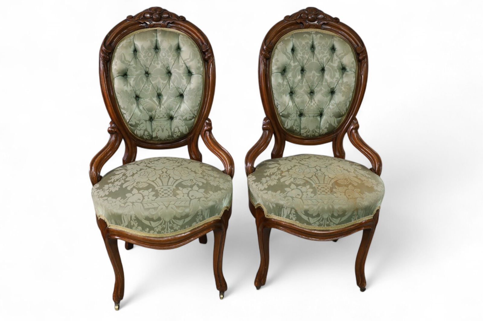 PAIR OF VICTORIAN CHAIRS: PAIR OF WALNUT, HOOP BACK VICTORIAN PARLOR CHAIRS, STAINS TO UPHOLSTERY. 19" W x 18" D x 38" H. THIS ITEM EXCEEDS SIZE LIMITATIONS FOR IN HOUSE SHIPPING, MUST BE PICKED UP IN HOUSE OR SHIPPED VIA 3rd