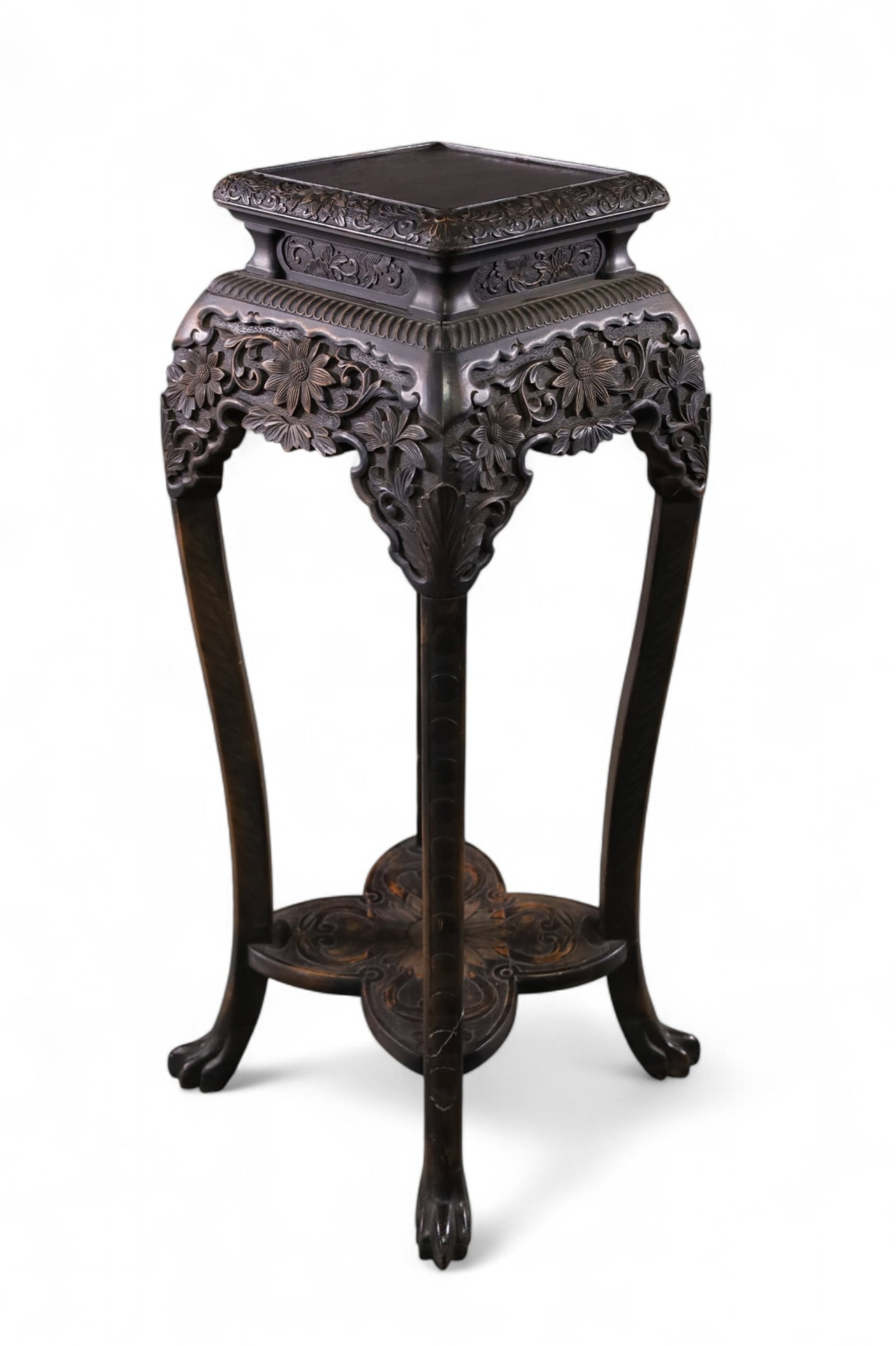 CHINESE PLANT STAND: CARVED CHINESE PLANT STAND, LOWER TIER, PAW FOOT. SOME WEAR TO FINISH. 14" x 14" x 35" H. THIS ITEM EXCEEDS SIZE LIMITATIONS FOR IN HOUSE SHIPPING, MUST BE PICKED UP IN HOUSE OR SHIPPED VIA 3rd PARTY 