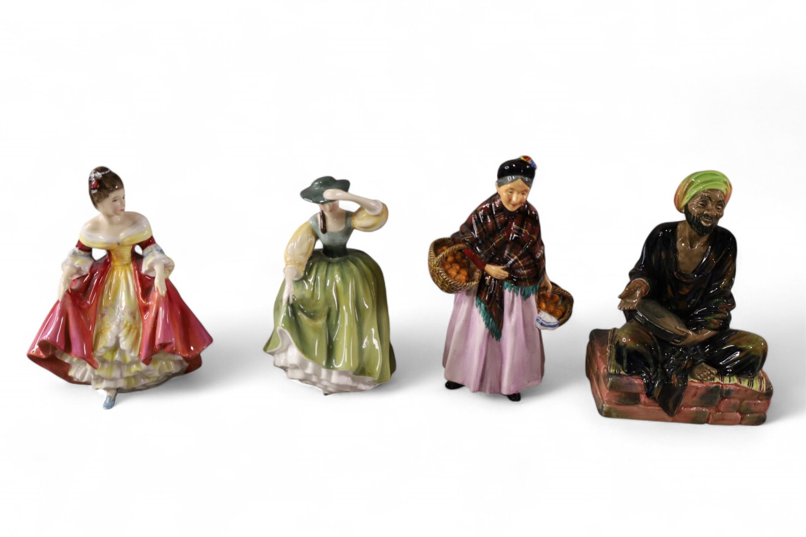 4 ROYAL DOULTON FIGURINES: SOUTHERN BELLE, BUTTER CUP, ORANGE LADY. 9" H.
