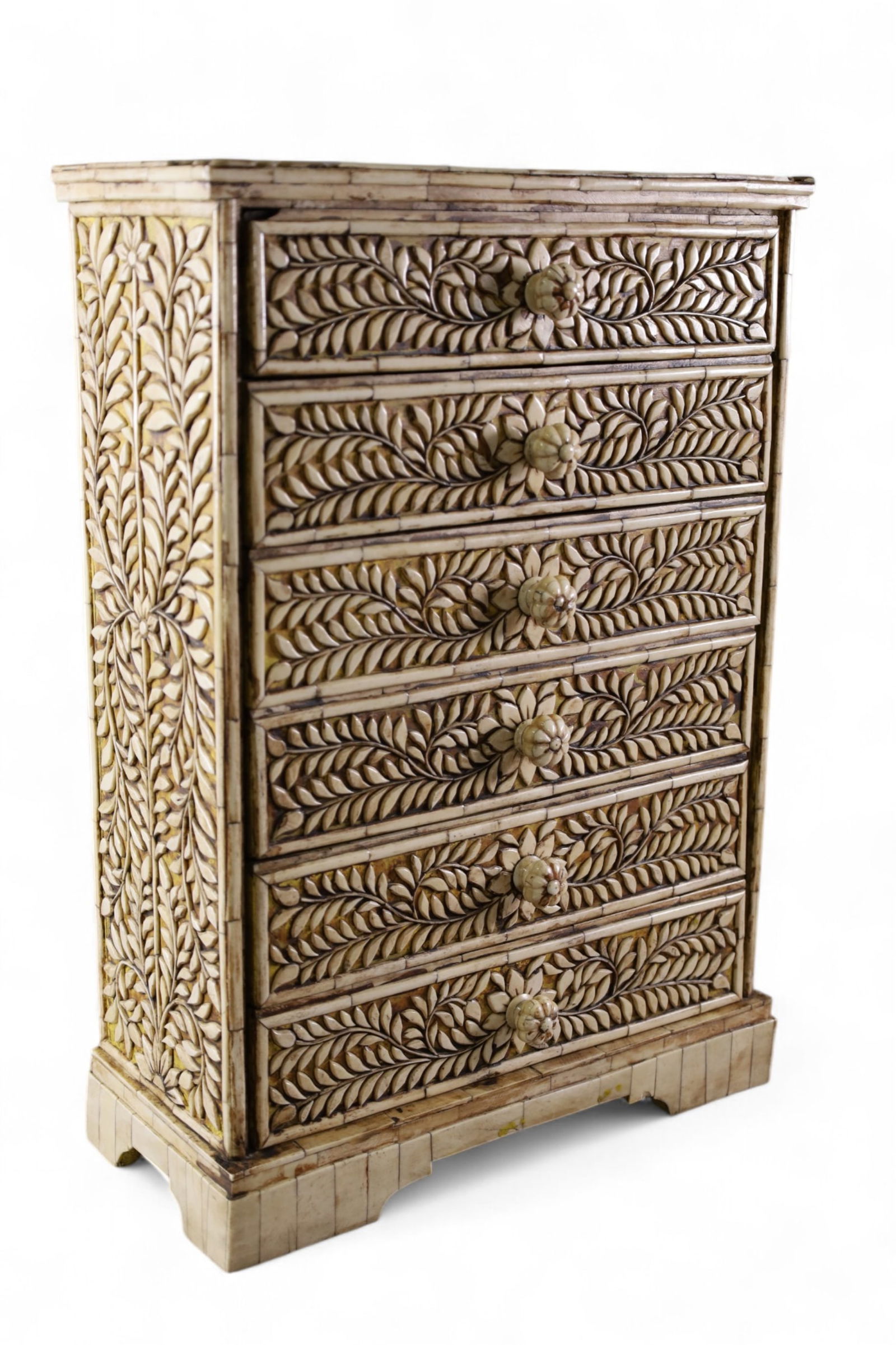 CARVED BONE TABLE TOP CHEST: UNSUAL 6 DRAWER INLAID BONE MOSAIC BONE TABLE TOP CHEST, 15" W x 21" H.
