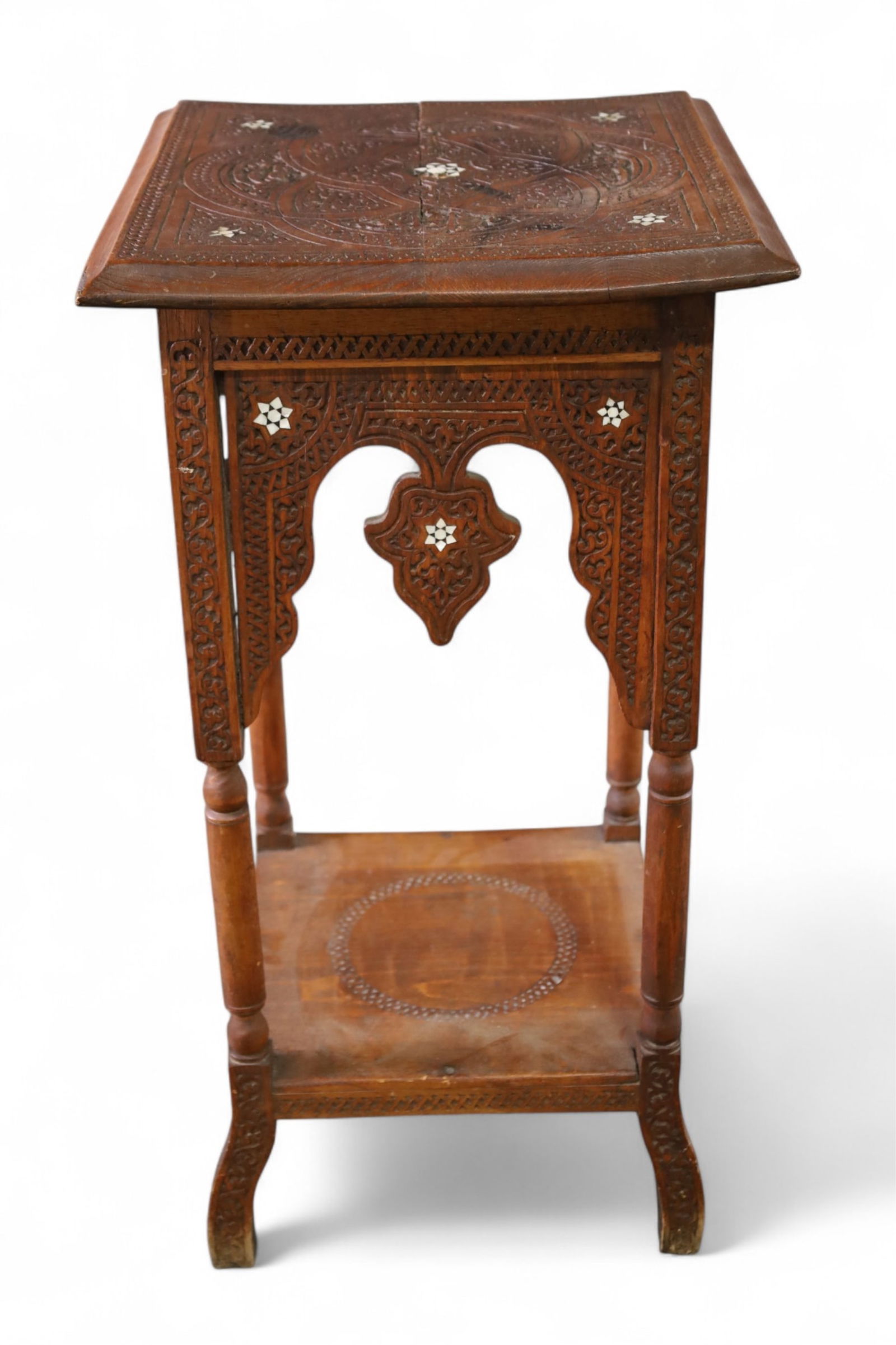 BONE INLAID LAMP TABLE: CAVRED, BONE INLAID, ANGLO INDIAN LAMP TABLE. WEAR TO FINISH. MISSING SOME INLAY. 16" x 16" x 32" H. THIS ITEM EXCEEDS SIZE LIMITATIONS FOR IN HOUSE SHIPPING, MUST BE PICKED UP IN HOUSE OR SHIPPED VIA
