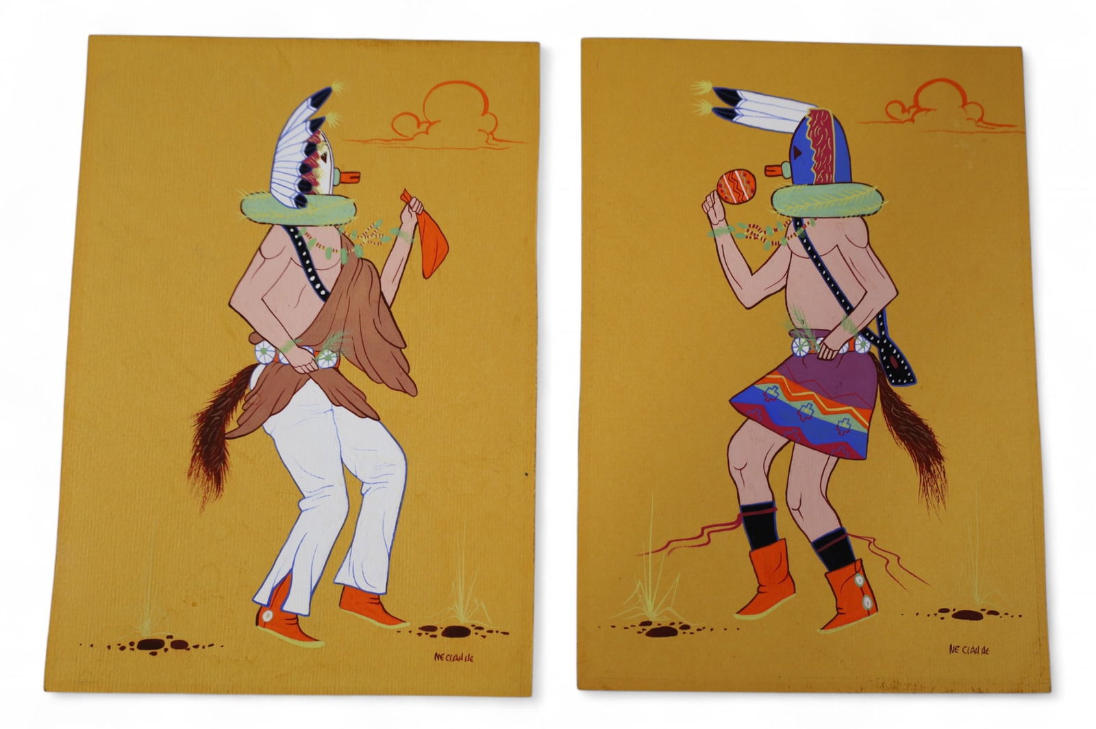 NE KLAN HE KACHINA DANCER PAINTINGS: 2 SMALL NATIVE AMERICAN KACHINA DANCER PAINTINGS. BY NE KLAN HE, 6 1/2" x 10"