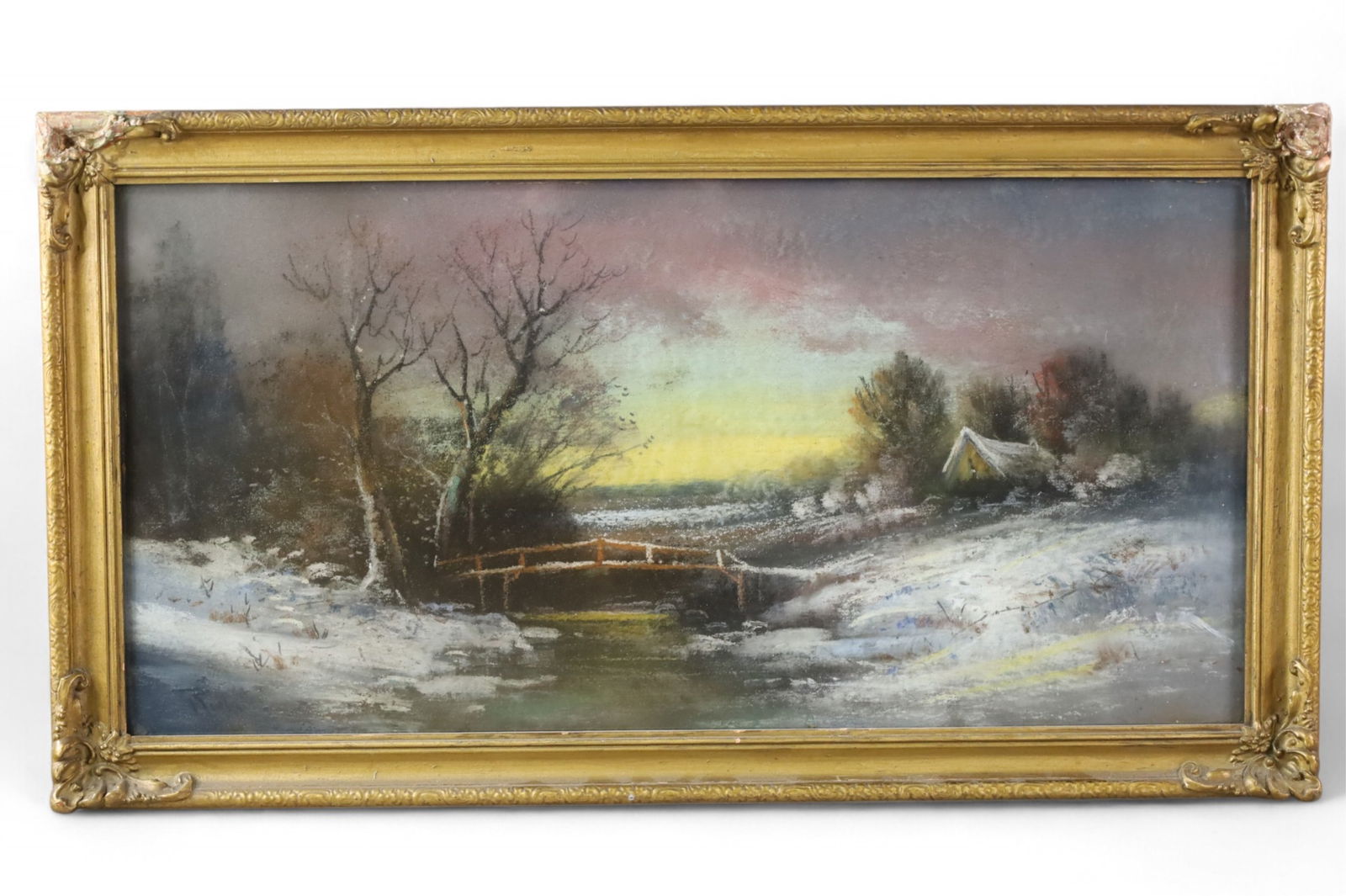 ANTIQUE PASTEL: FRAMED PASTEL UNDER GLASS, WINTER LANDCAPE, CHIP TO CORNER OF FRAME. SIGNED LOWER LEFT. 26" x 15" IN FRAME