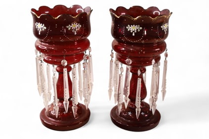 PAIR OF VICTORIAN RUBY GLASS LUSTERS