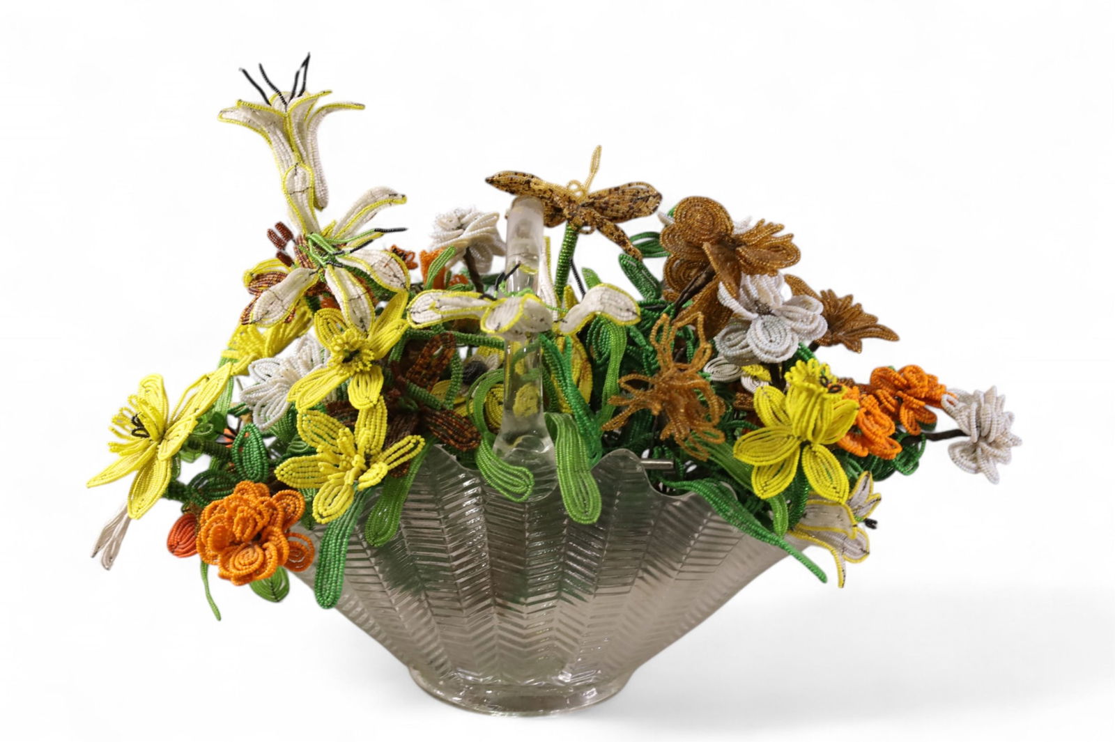 BEADED FLORAL ARRANGEMENT: PRESSED GLASS CENTER BOWL WITH BEADED FLORAL ARRANGMENT. 22" W x 14" H.