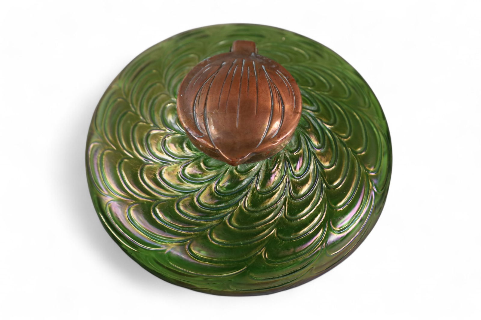 ART GLASS INKWELL: LOETZ STYLE ART GLASS INKWELL, WITH BRONZE LID. MARKED OESTPATA, 5" DIAM.