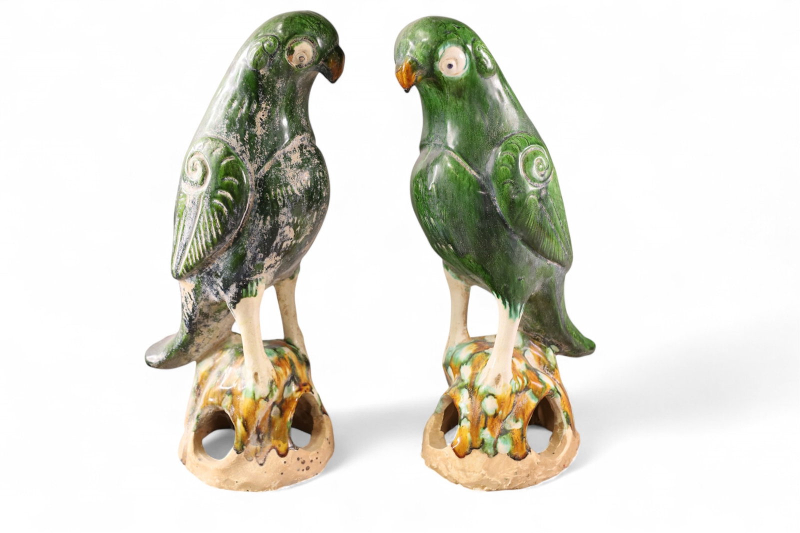 PAIR OF CHINESE ROOF TILES: BIRD FORM CHINESE GLAZED SANCAI ROOF TILES, 18 1/2" H.