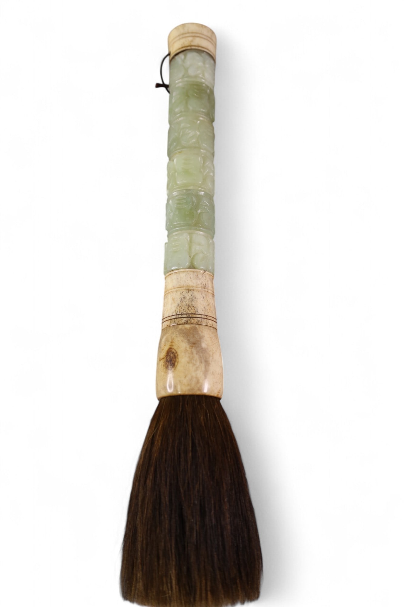 JADE CALLIGRAPHY BRUSH: CARVED JADE HANDLE, HORSE HAIR BRUSH. 15 1/2" H.