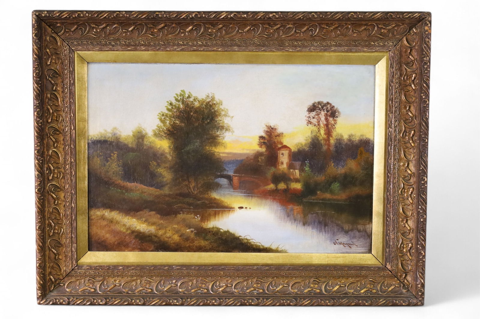 EUROPEAN LANDSCAPE PAINTING: OIL ON CANVAS, SIGNED LOWER RIGHT (ILLEGIBLE). OLD RELINE. 40" x 30" THIS ITEM EXCEEDS SIZE LIMITATIONS FOR IN HOUSE SHIPPING, MUST BE PICKED UP IN HOUSE OR SHIPPED VIA 3rd PARTY GROUND SHIPPER.