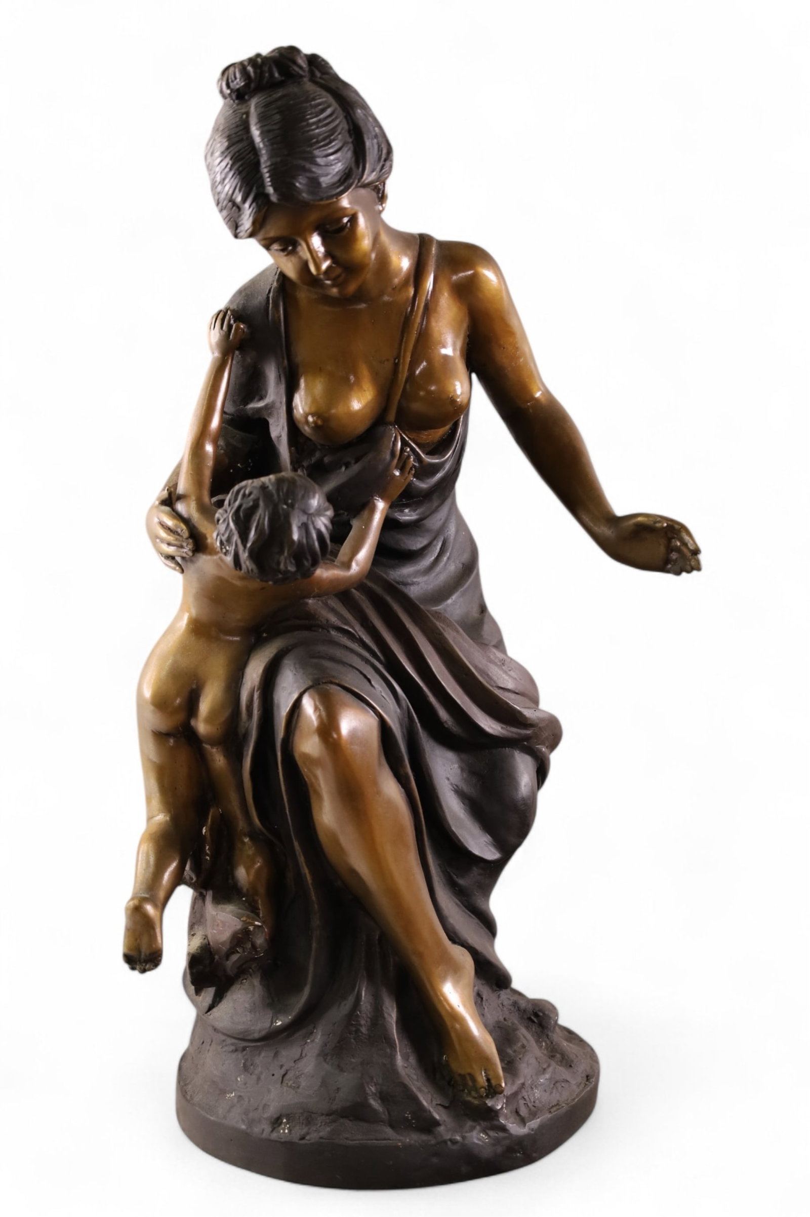 BRONZE MOTHER AND CHILD SCULPTURE: LARGE BRONZE SCULPTURE OF MOTHER AND CHILD, 23" H. THIS ITEM EXCEEDS SIZE LIMITATIONS FOR IN HOUSE SHIPPING, MUST BE PICKED UP IN HOUSE OR SHIPPED VIA 3rd PARTY GROUND SHIPPER.