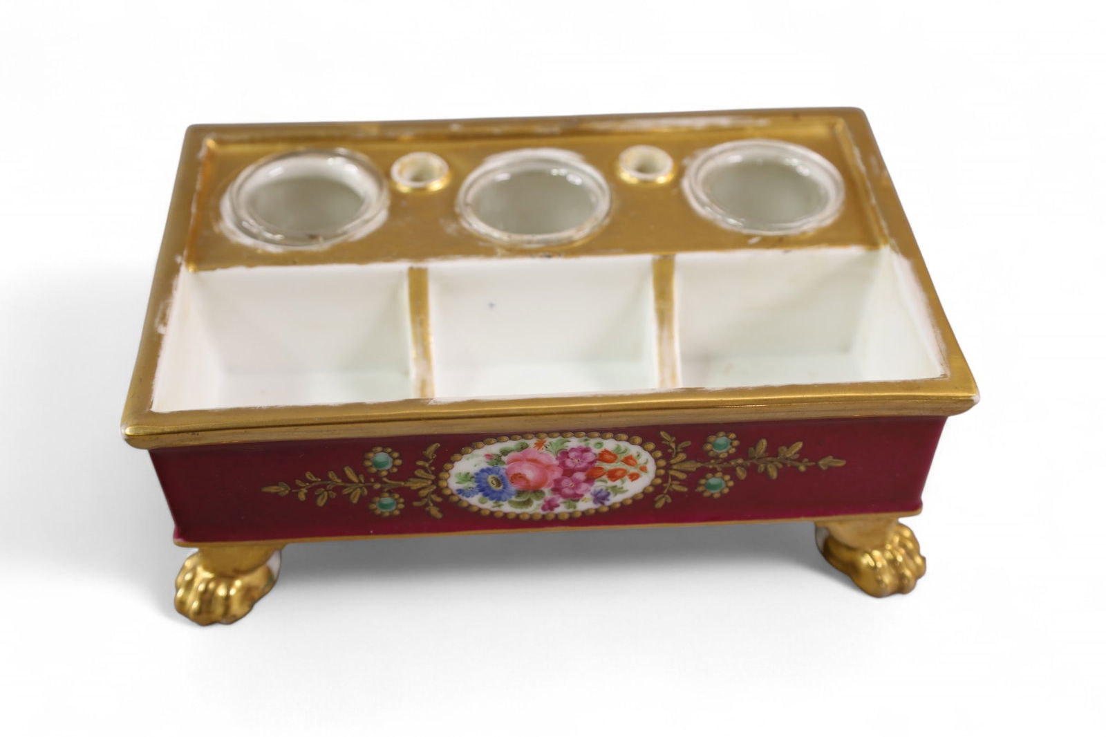 PORCELAIN INKWELL: HAND PAINTED PORCELAIN FOOTED INKWELL, 7" W.