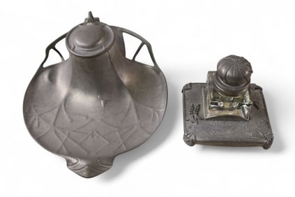 2 PEWTER INKWELLS