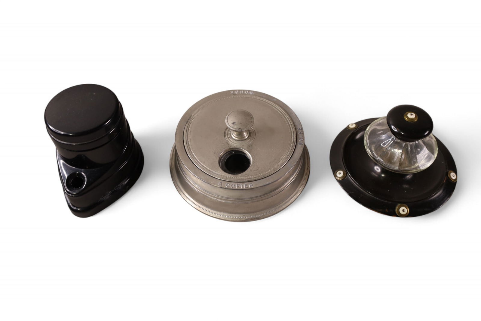 3 INKWELLS: SPINNING INKWELL, BLACK PLASTIC INKWELL, & BEADED INKWELL. 3" - 5" W.