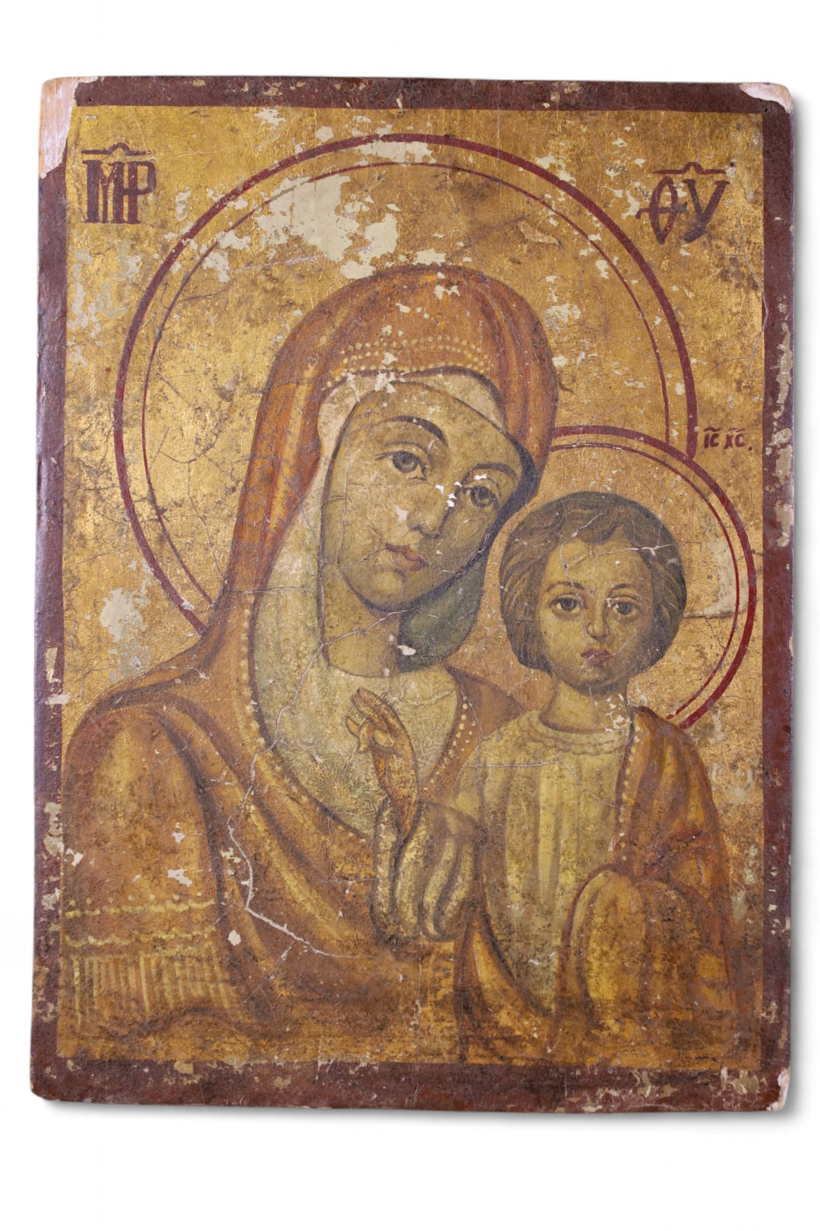 RUSSIAN ICON: MOTHER AND CHILD HAND PAINTED ICON ON WOOD PANEL. 9" x 12"