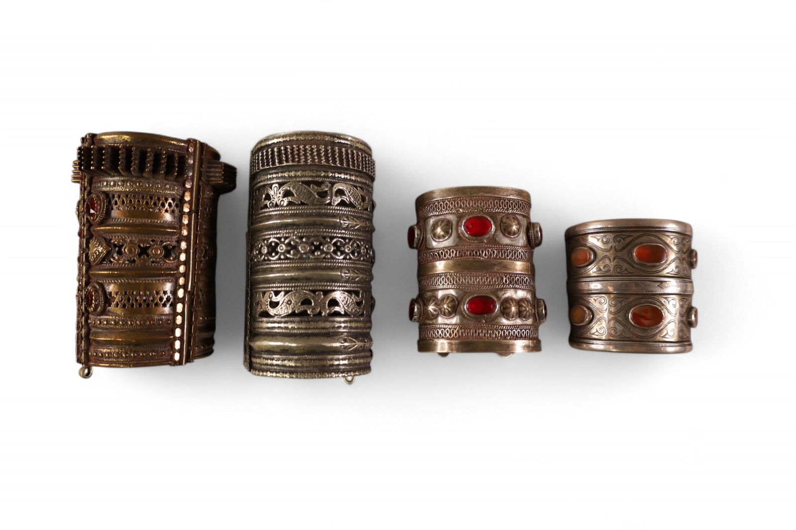 4 TURKOMAN CUFF BRACELETS: ALPACA SILVER AND STONE CUFF BRACELETS. 2 1/2" - 4" W