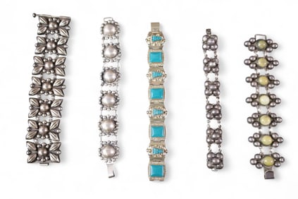 5 MEXICAN STERLING BRACELETS