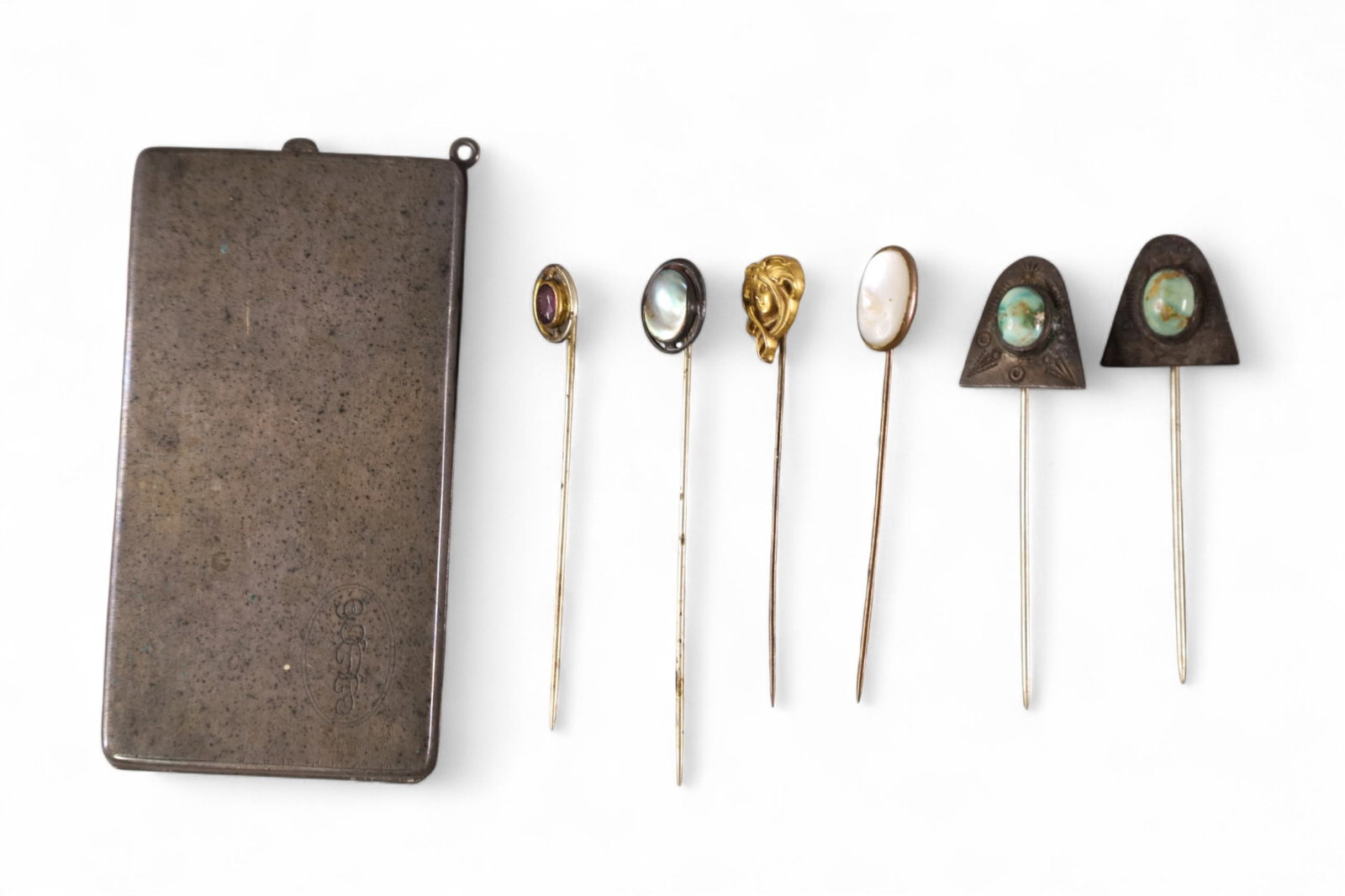 6 STICK PINS & CARD TRAY: VICTORIAN SILVER CARD TRAY & 6 STICK PINS.