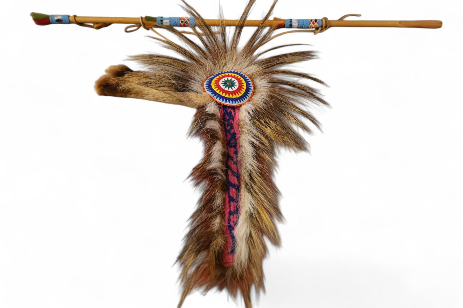 KIOWA STICK: BEADED AND FEATHERED KIOWA STICK. 37" L.