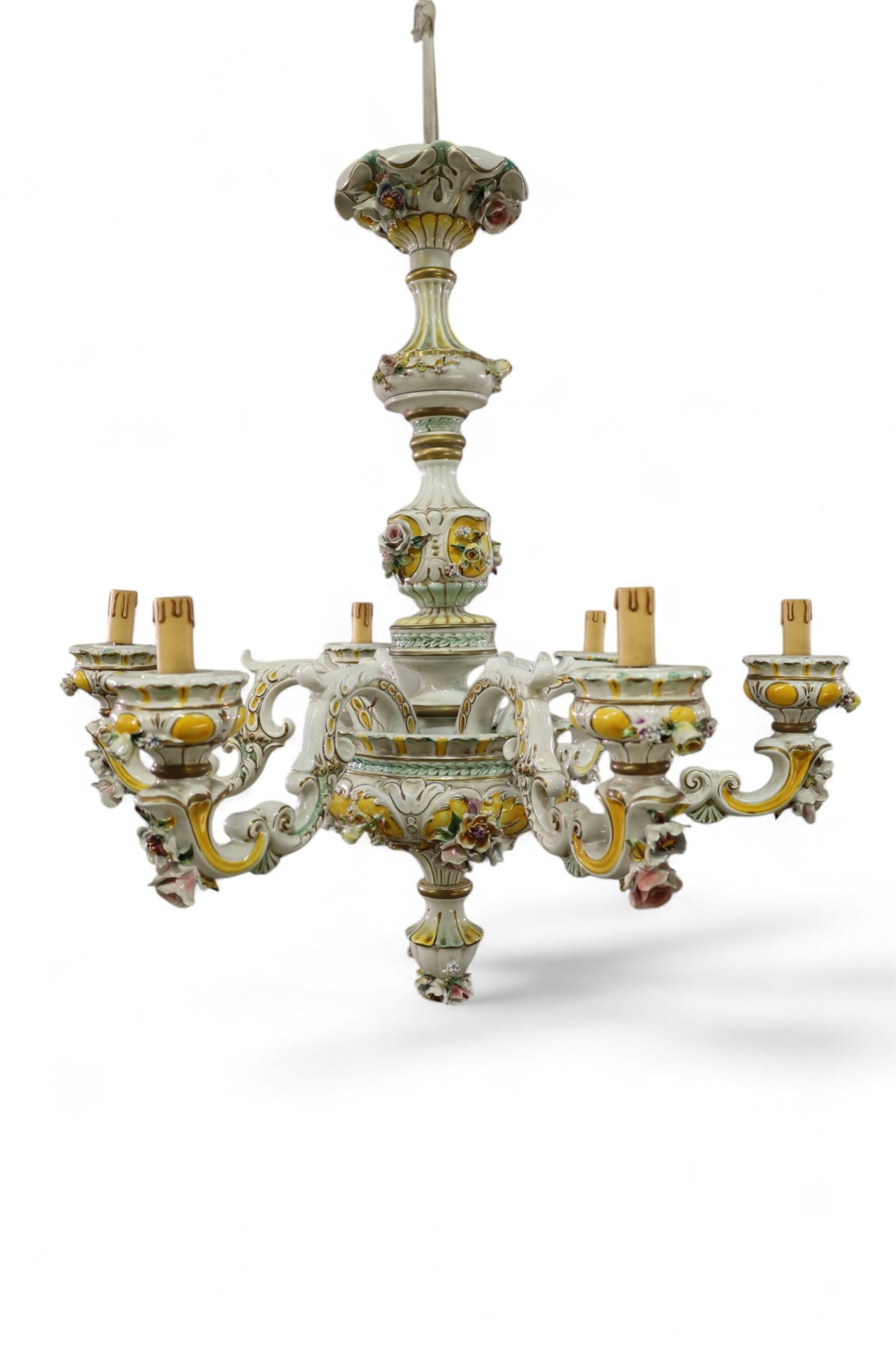 CAPODIMONTE CHANDLIER: HAND PAINTED PORCELAIN ITALIAN CHANDELIER, NEEDS WIRED! FLORAL DECORATED. 36" DIAM x 37" H. THIS ITEM EXCEEDS SIZE LIMITATIONS FOR IN HOUSE SHIPPING, MUST BE PICKED UP IN HOUSE OR SHIPPED VIA 3rd PART