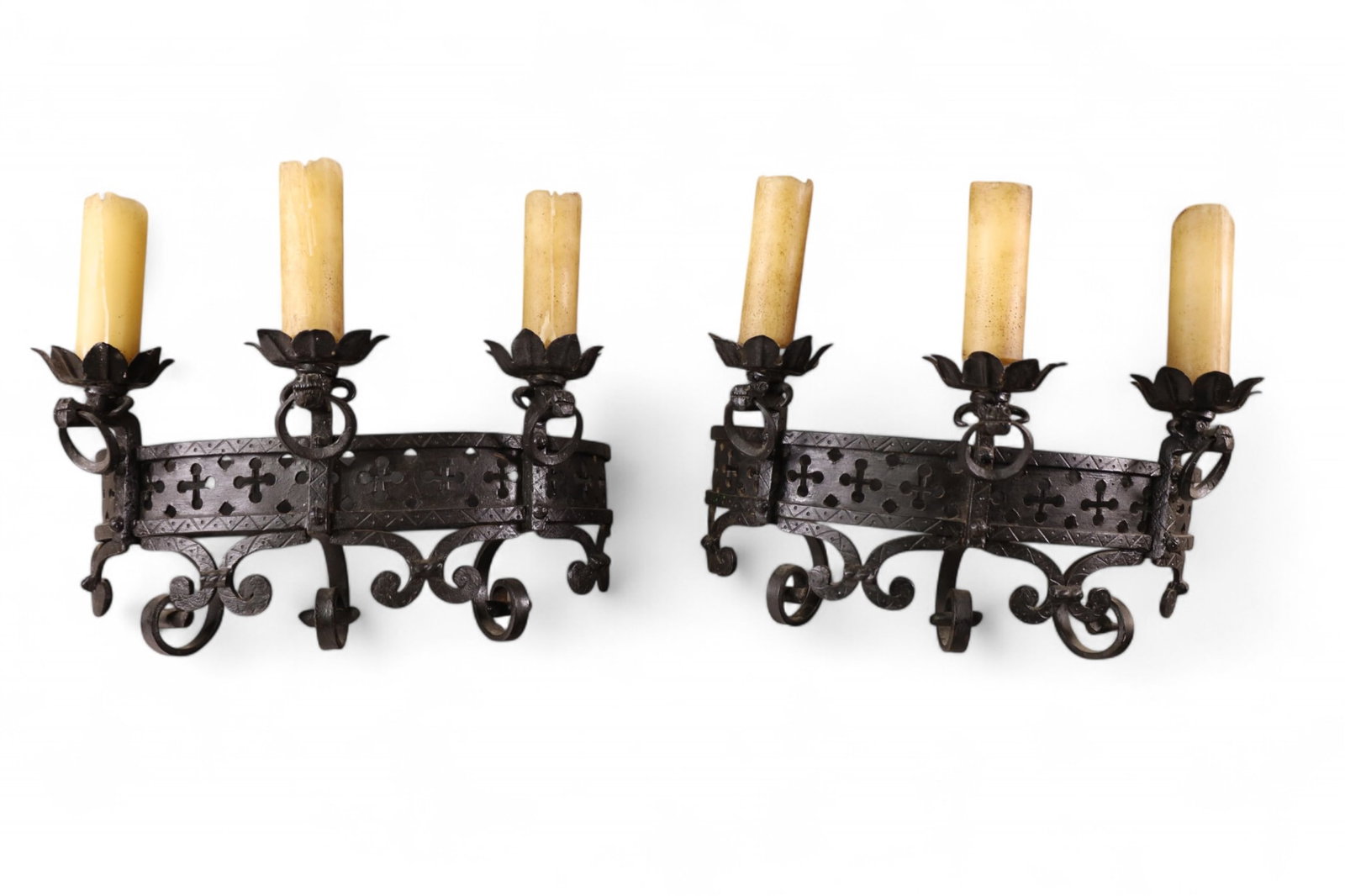 PAIR OF SPANISH WALL SCONCES: PAIR OF SPANISH IRON WALL SCONCES, 15" W x 8" H.