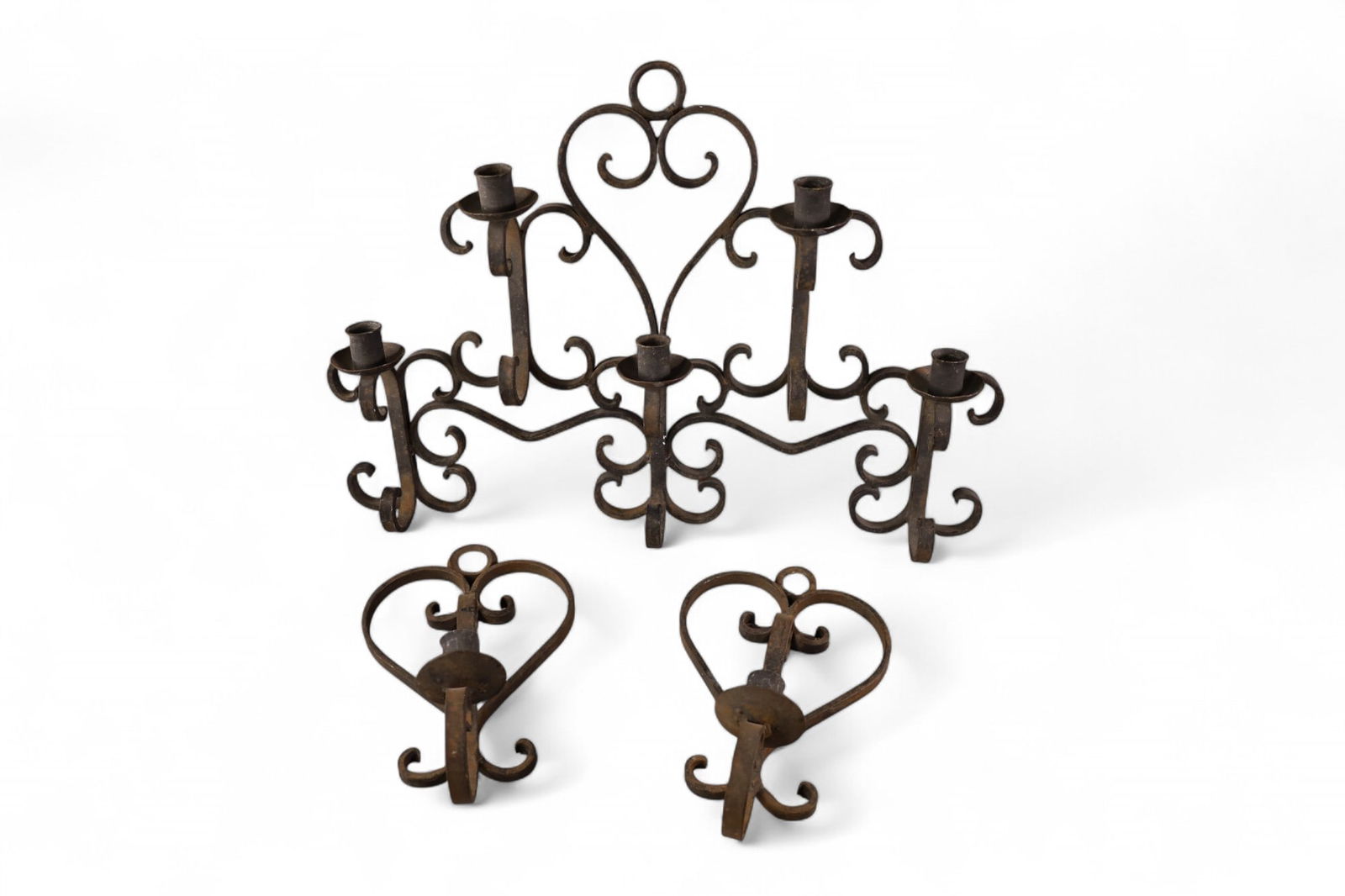 3 PC IRON CANDELABRAS: 3 SPANISH IRON CANDLEABRAS, 21" W & 6" W.