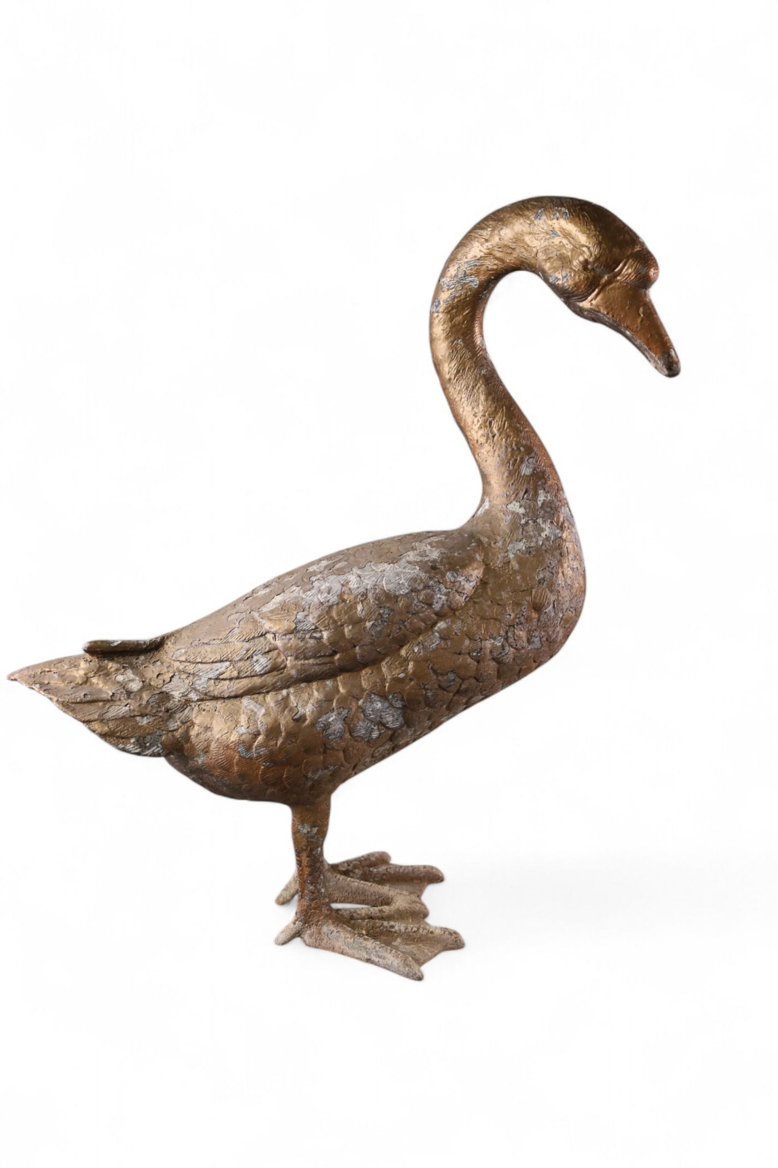 ALUMINUM GOOSE: GOOSE FIGURE, PAINT LOSS. 14" H. THIS ITEM EXCEEDS SIZE LIMITATIONS FOR IN HOUSE SHIPPING, MUST BE PICKED UP IN HOUSE OR SHIPPED VIA 3rd PARTY GROUND SHIPPER.