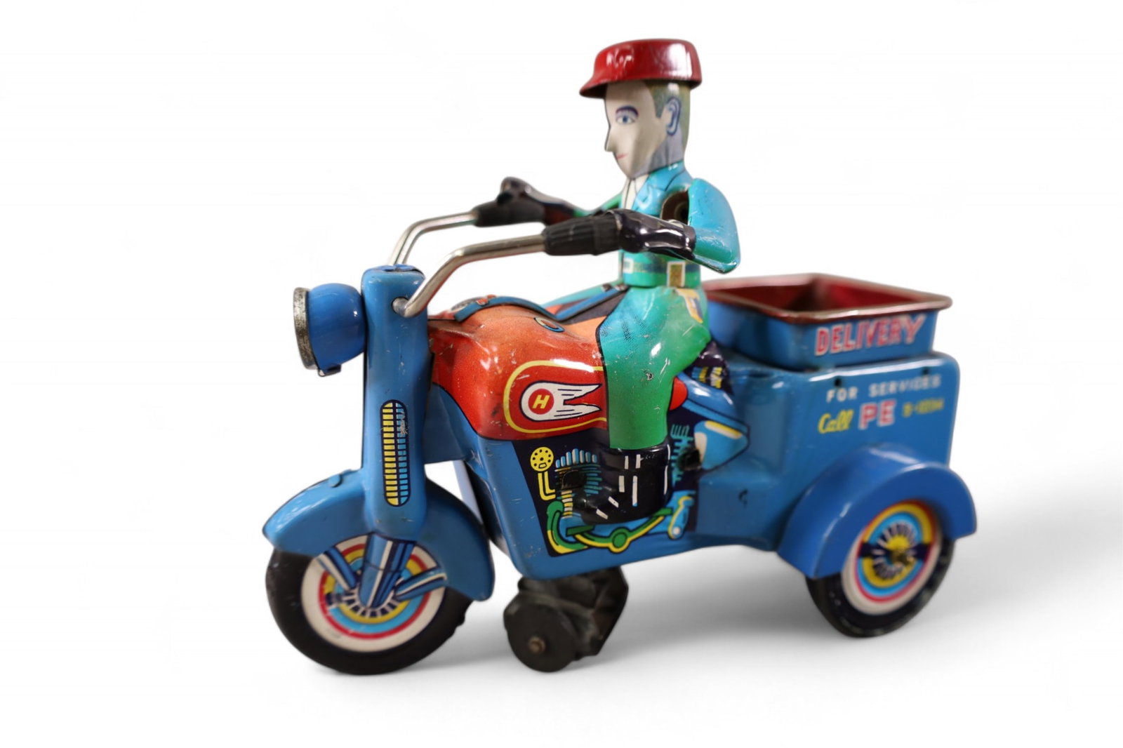 JAPANESE DELIVERY MOTORCYCLE: TIN LITHO DELIVERY KO JAPANESE MOTORCYCLE. 6" L.