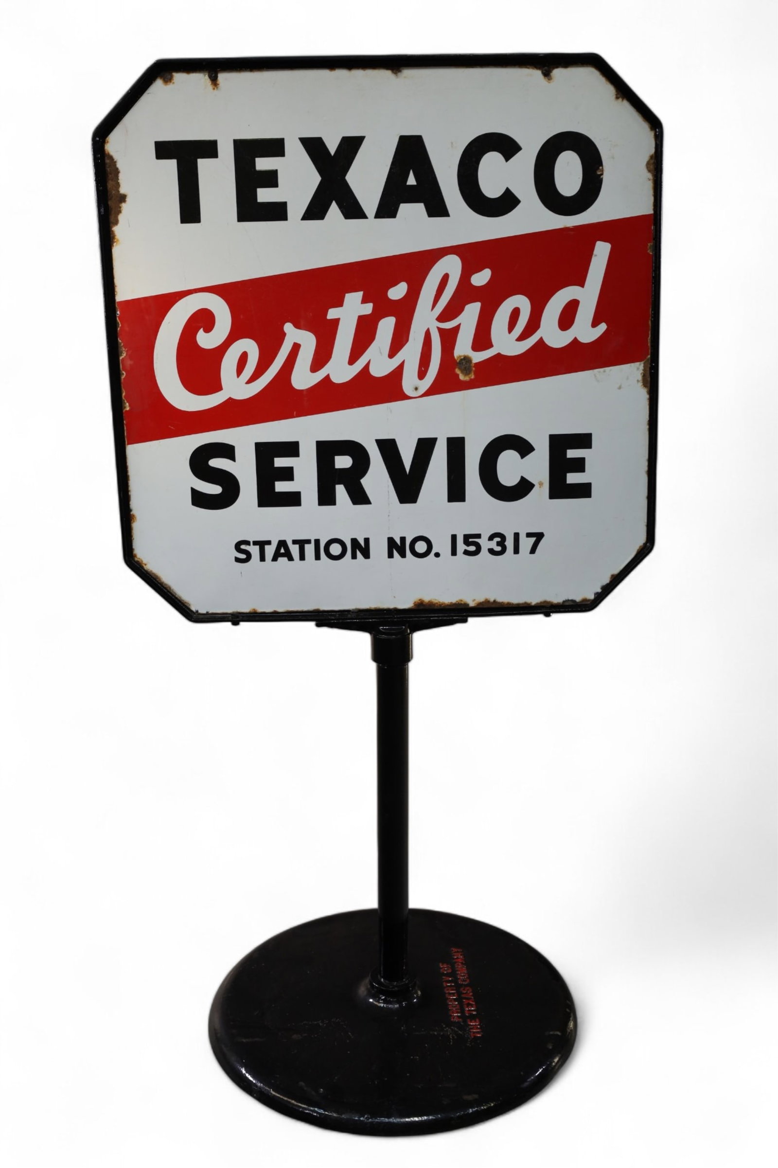 TEXACO CERTIFIED SERVICE CURB SIGN: DOUBLE SIDED PORCELAIN TEXACO CERTIFIED SERVICE STATION SIGN, IN TEXACO CURB STAND. EDGE DAMAGE, DINGS TO FIELD. 37" x 37" SIGN & 57" H. THIS ITEM EXCEEDS SIZE LIMITATIONS FOR IN HOUSE SHIPPING, MUST 